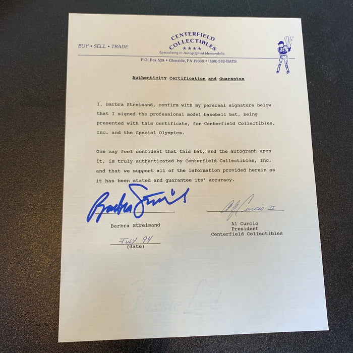 Barbra Streisand Signed Special Edition Rawlings Baseball Bat With Signed Letter