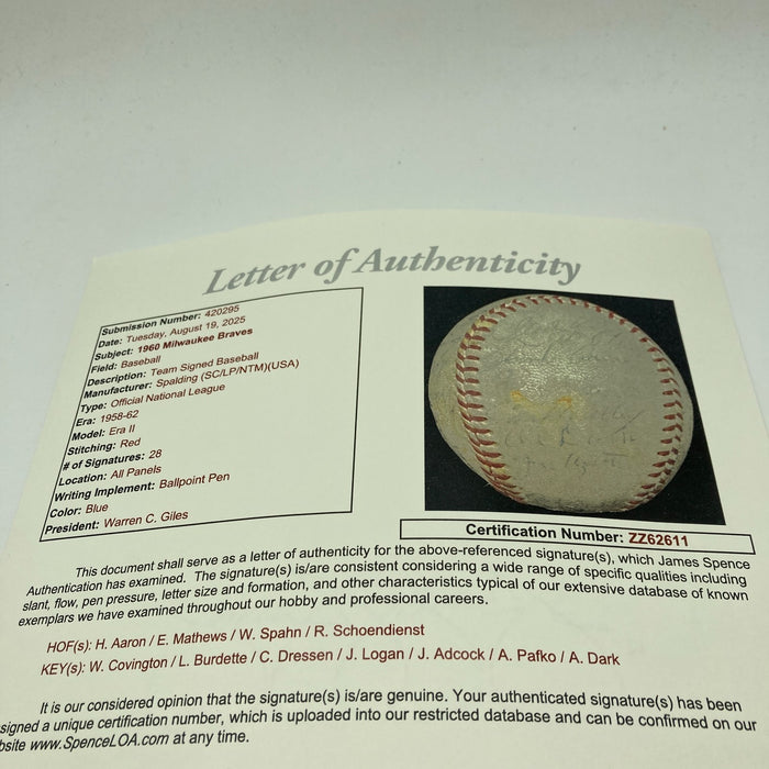 Hank Aaron 1960 Milwaukee Braves Team Signed Baseball JSA COA