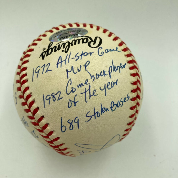 Joe Morgan Signed Heavily Inscribed Career STAT Baseball Reggie Jackson COA