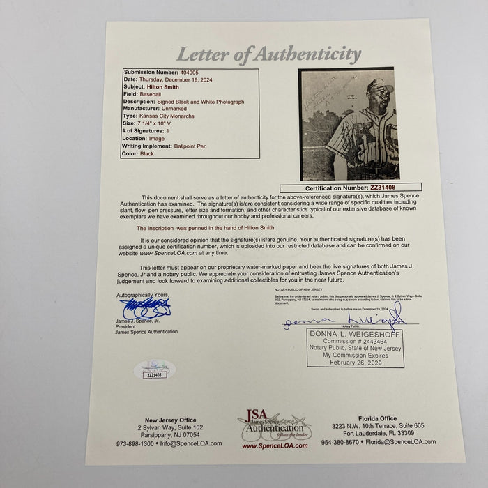 Hilton Smith Signed 7x10 Photo Hall Of Fame Negro League JSA COA