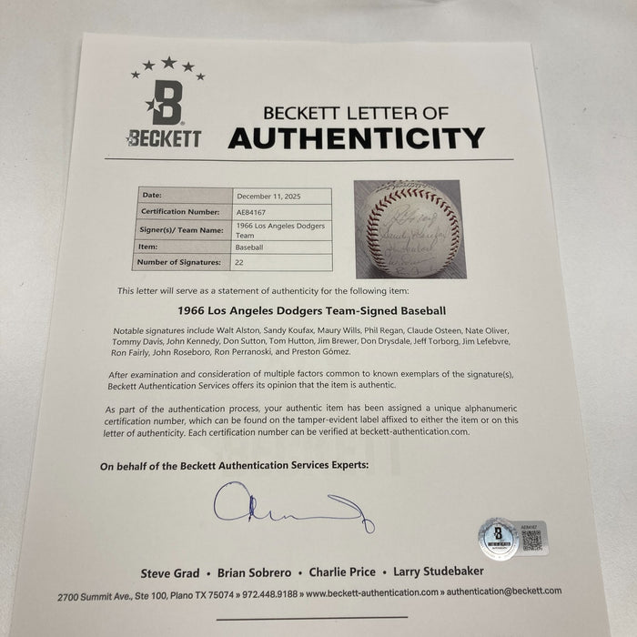 Sandy Koufax 1966 Los Angeles Dodgers Team Signed Baseball Beckett COA