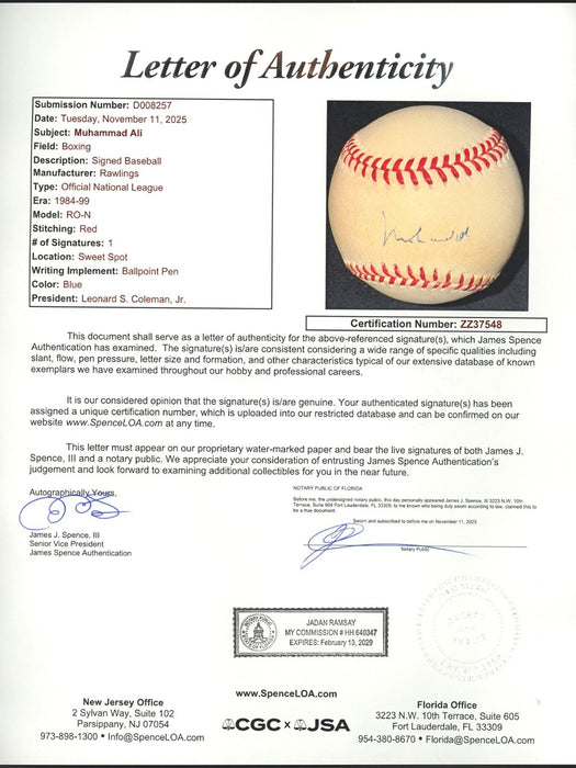 Muhammad Ali Signed Official National League Baseball JSA COA