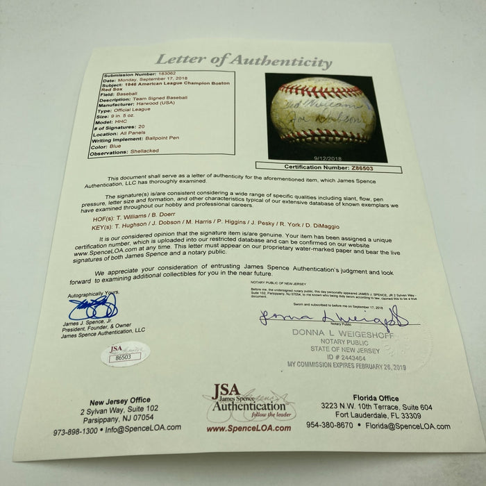 1946 Boston Red Sox AL Champs Team Signed Baseball Ted Williams JSA COA