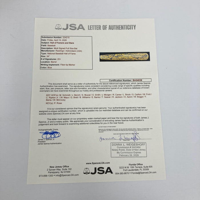 Beautiful Hall Of Fame Multi Signed Baseball Bat 52 Sigs Willie Mays JSA COA