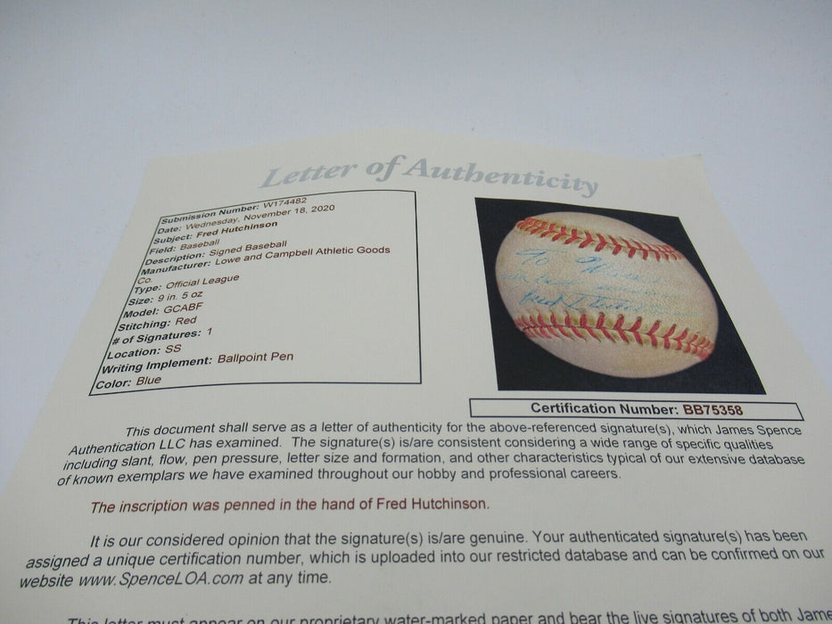 Rare Fred Hutchinson Single Signed Autographed 1950's Baseball JSA COA