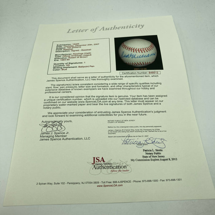 Mint Ted Williams Signed Official American League Baseball JSA COA Beautiful