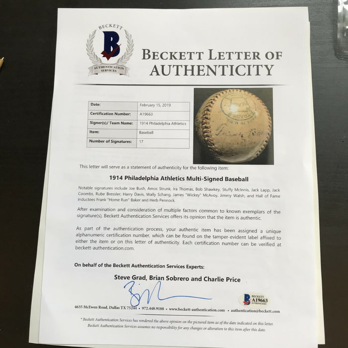 Extraordinary 1914 Philadelphia Athletics A's Team Signed Baseball Beckett COA