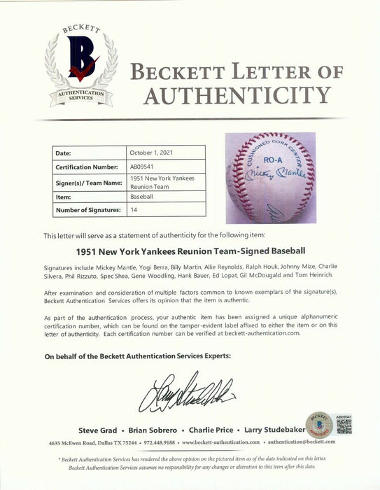 1951 New York Yankees World Series Champs Signed Baseball Mickey Mantle Beckett