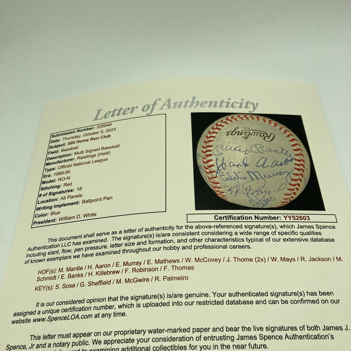 500 Home Run Signed Baseball With 18 Sigs! Mickey Mantle Ted Williams JSA COA