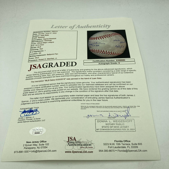 Juan Soto MLB Debut May 20, 2018 Signed Game Used Baseball MLB & JSA COA MINT 9
