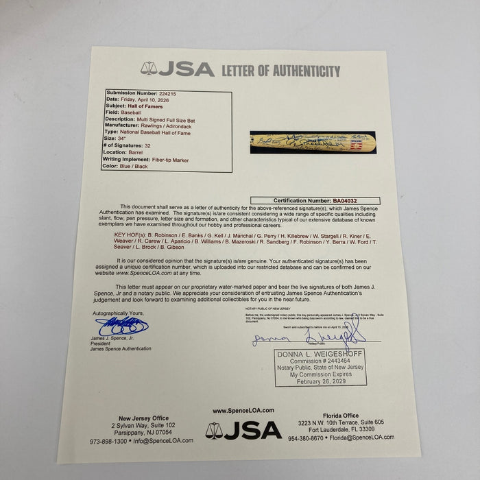 Beautiful Hall Of Fame Multi Signed Cooperstown Baseball Bat W/Inscriptions JSA