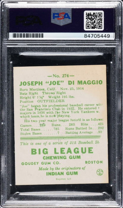 Joe Dimaggio Signed 1938 R323 Goudey "Heads-Up" RP #274 PSA DNA Certified