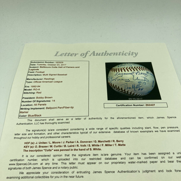 Johnny Unitas Baltimore Colts Hall Of Fame Legends Multi Signed Baseball JSA COA