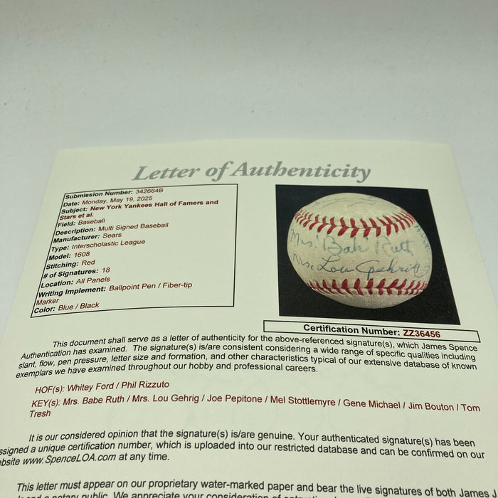 Mrs. Babe Ruth & Mrs. Lou Gehrig Yankees Legends Signed Baseball JSA COA