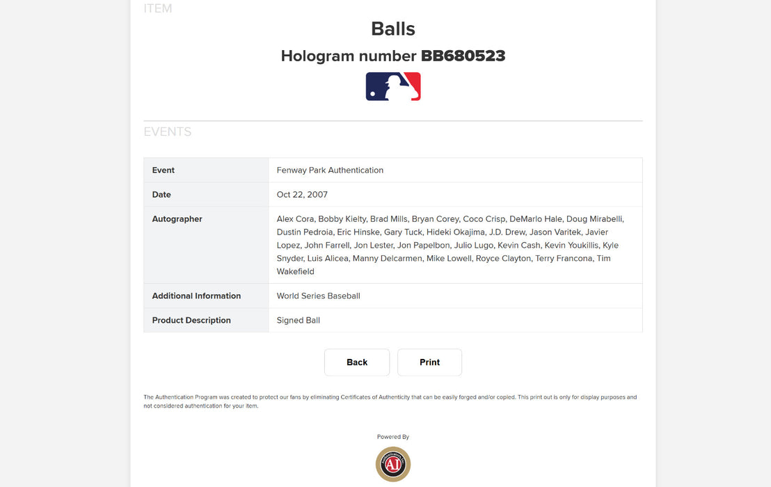 2007 Boston Red Sox World Series Champs Team Signed Baseball MLB Certified