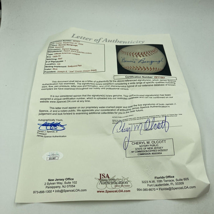 Benny Bengough Single Signed American League Baseball JSA COA 1927 Yankees