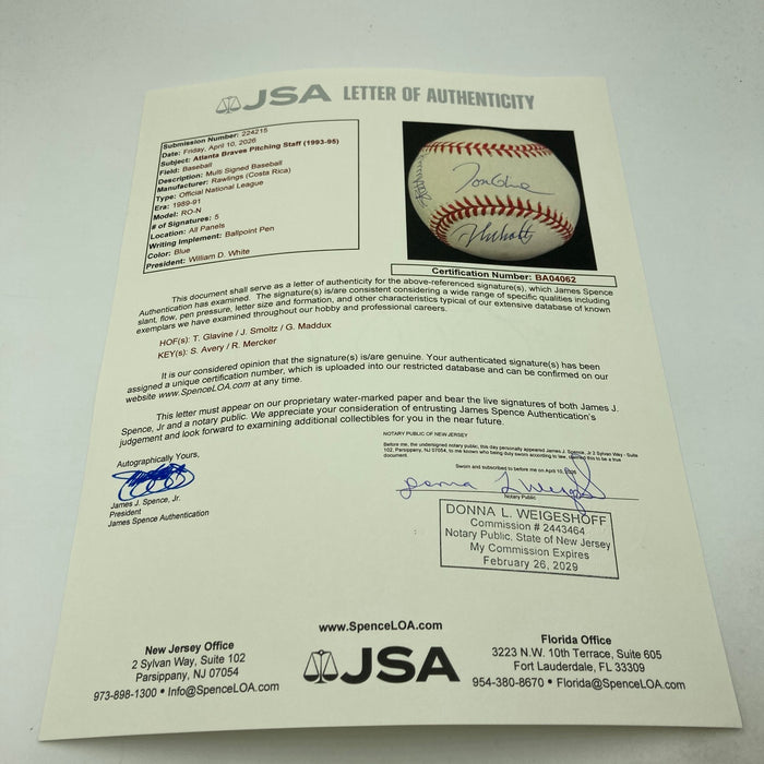 Greg Maddux Tom Glavine John Smoltz 1995 Braves Pitchers Signed Baseball JSA COA
