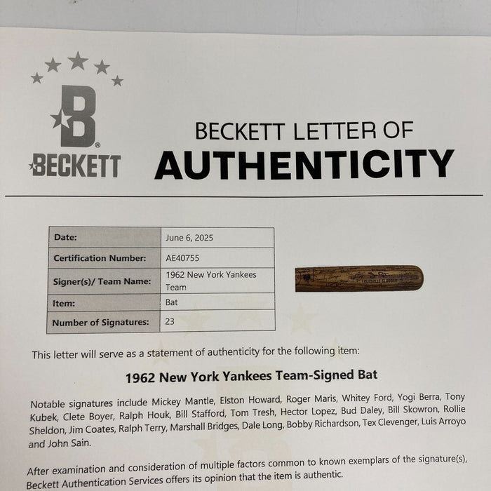 1962 New York Yankees W.S. Champs Team Signed Bat Mickey Mantle Beckett COA