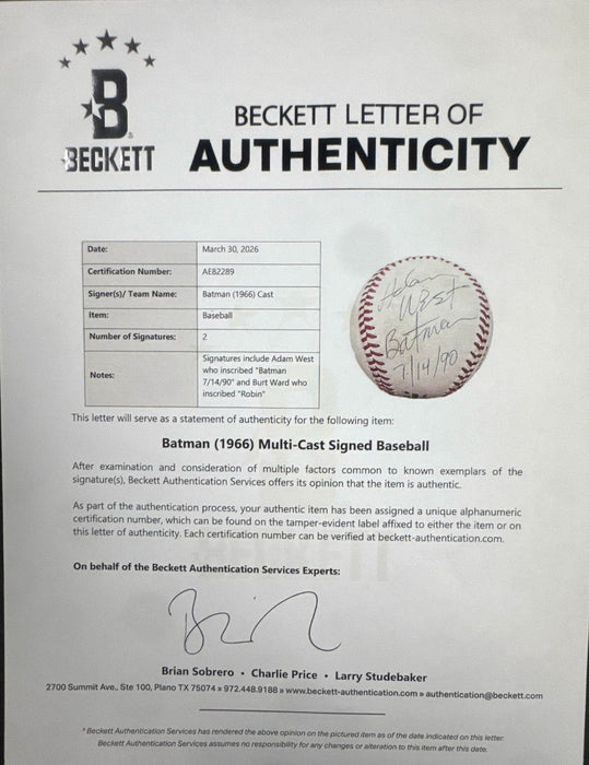 Adam West & Burt Ward Batman & Robin Dual Signed Autographed Baseball Beckett