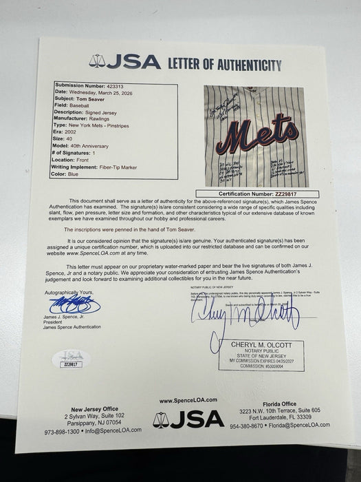 Tom Seaver Signed Heavily Inscribed STATS New York Mets Rawlings Jersey JSA COA