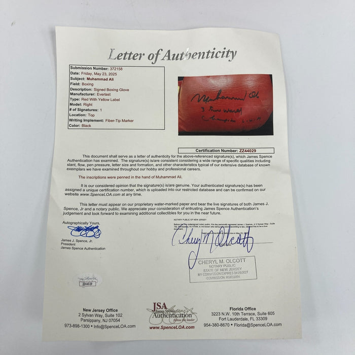 Muhammad Ali "3 Time World Champion" Signed Inscribed Boxing Glove JSA COA