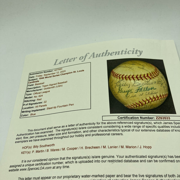 1944 St. Louis Cardinals World Series Champs Team Signed Baseball JSA COA