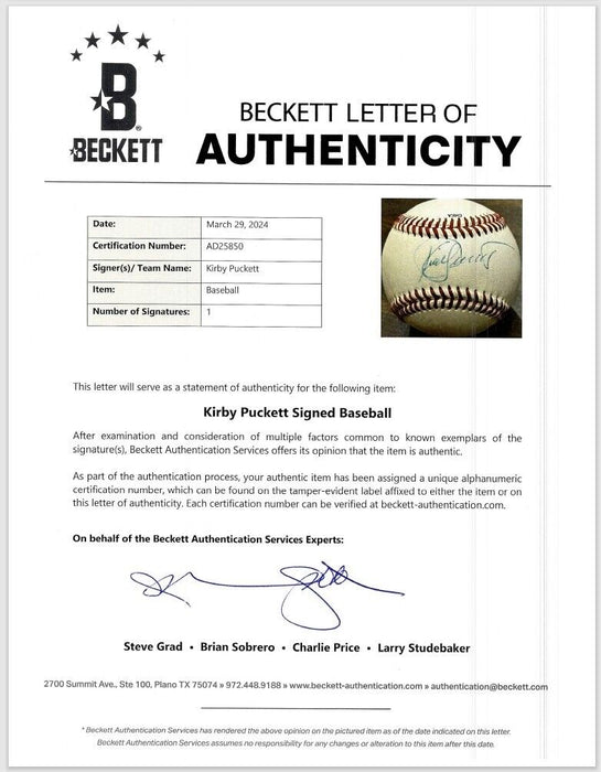 Kirby Puckett Signed Official Major League Baseball Beckett COA