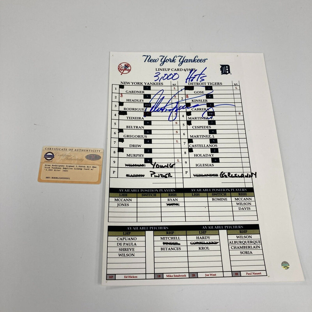 Alex Rodriguez Signed 3,000 Hit Game Lineup Card With Steiner COA