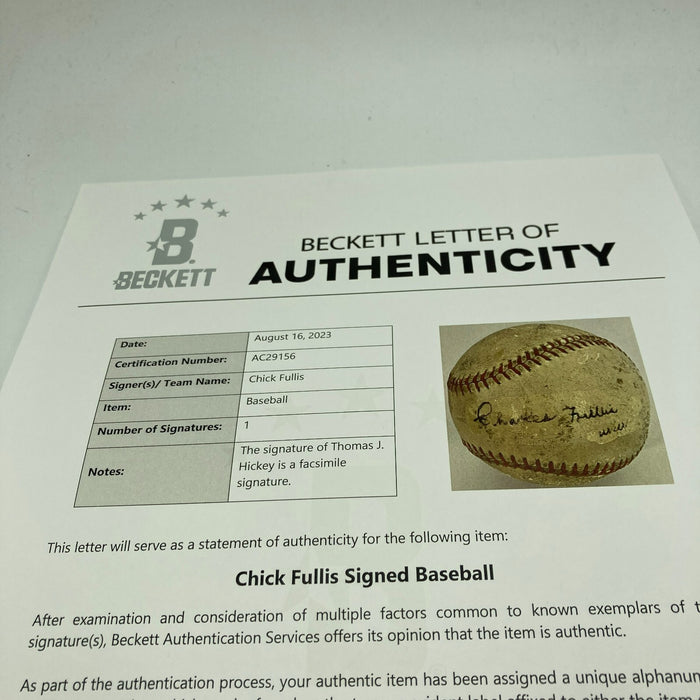 Chick Charles Fullis 1920's Single Signed Baseball 1934 St. Louis Cardinals BAS