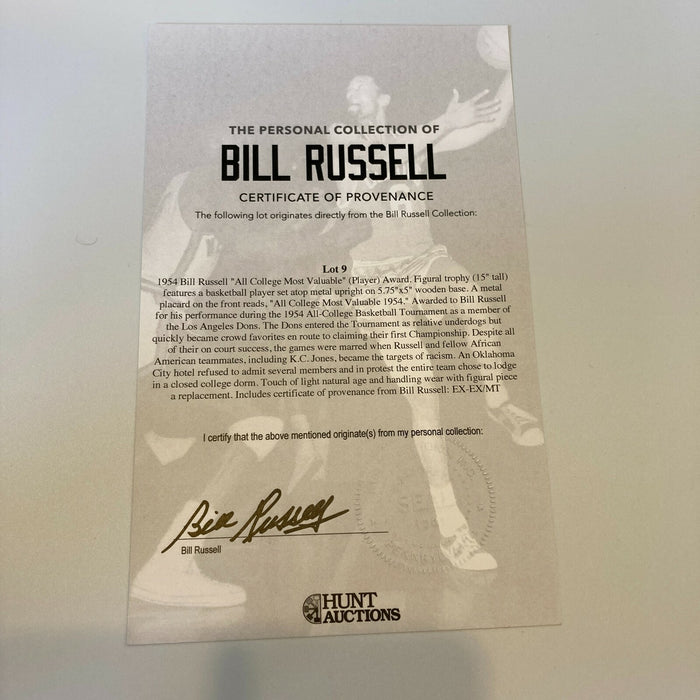 Historic Bill Russell 1954 NCAA MVP Award Basketball Trophy W/ Bill Russell COA