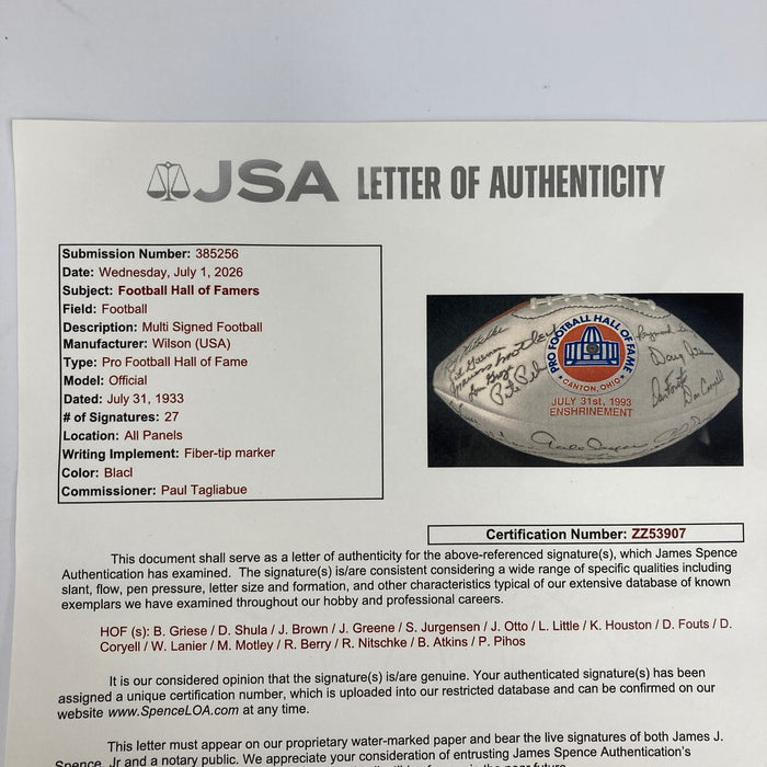 1993 Hall Of Fame Induction Multi Signed Football 27 Sigs JSA COA