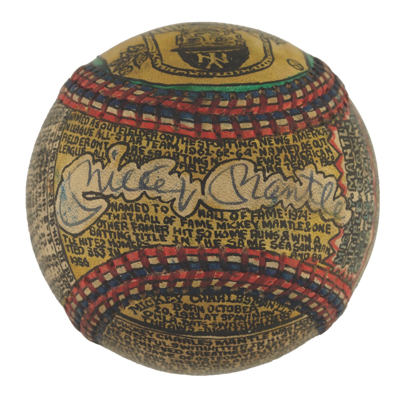 Beautiful Mickey Mantle Hand Painted George Sosnak Folk Art Baseball 1/1 Signed