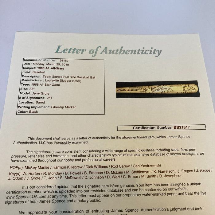 1968 All Star Game Team Signed Game Issued Bat 25+ Sigs Mickey Mantle JSA COA