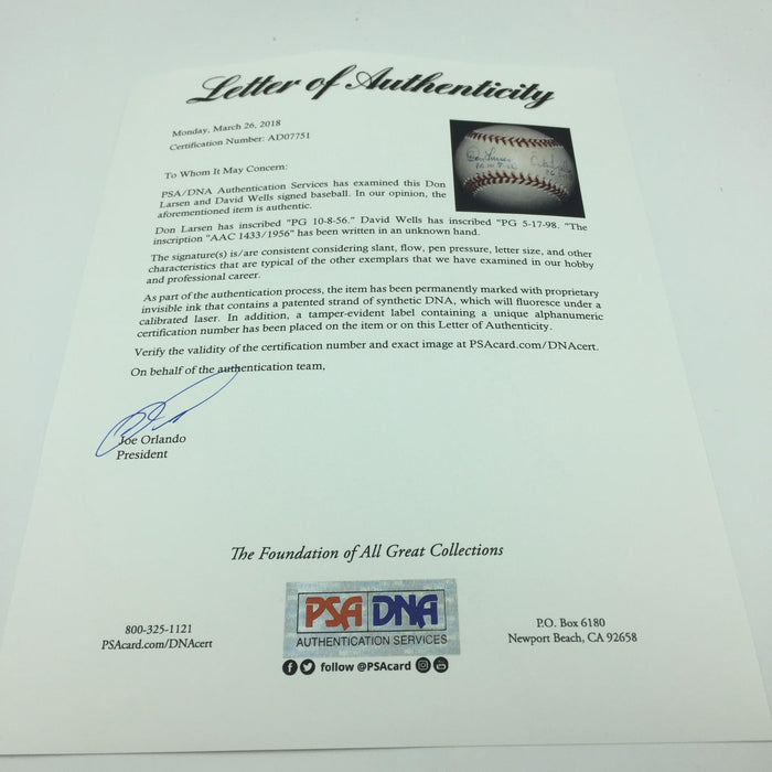 Don Larsen & David Wells Signed Heavily Inscribed Perfect Game Baseball PSA DNA