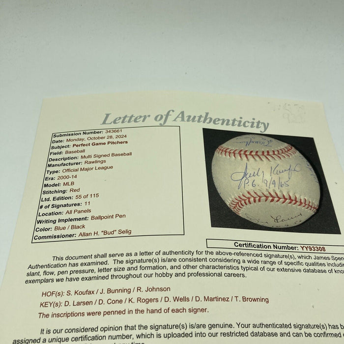 Sandy Koufax Randy Johnson Perfect Game Pitchers Signed Baseball 11 Sigs JSA COA