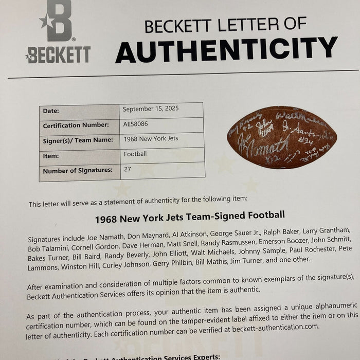 1968 New York Jets Super Bowl Champs Team Signed Wilson Football Beckett COA