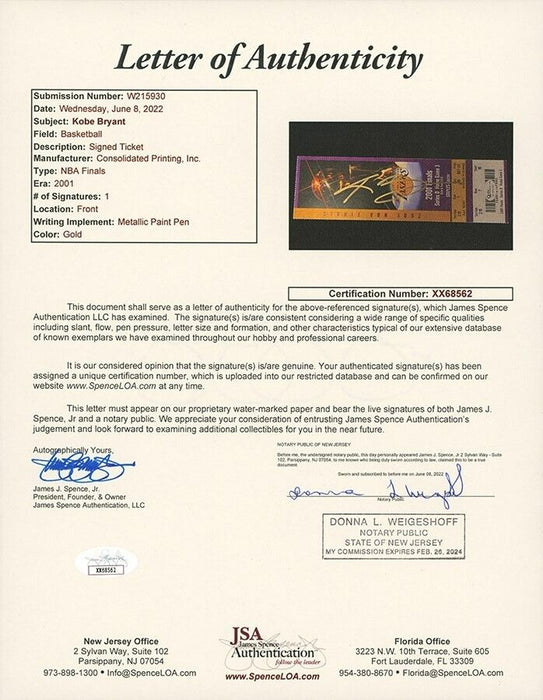 Kobe Bryant Signed 2001 NBA Finals Los Angeles Lakers Full Ticket JSA COA