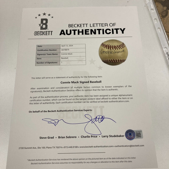 Connie Mack Single Signed Baseball With Photo Of Him Signing It Beckett COA