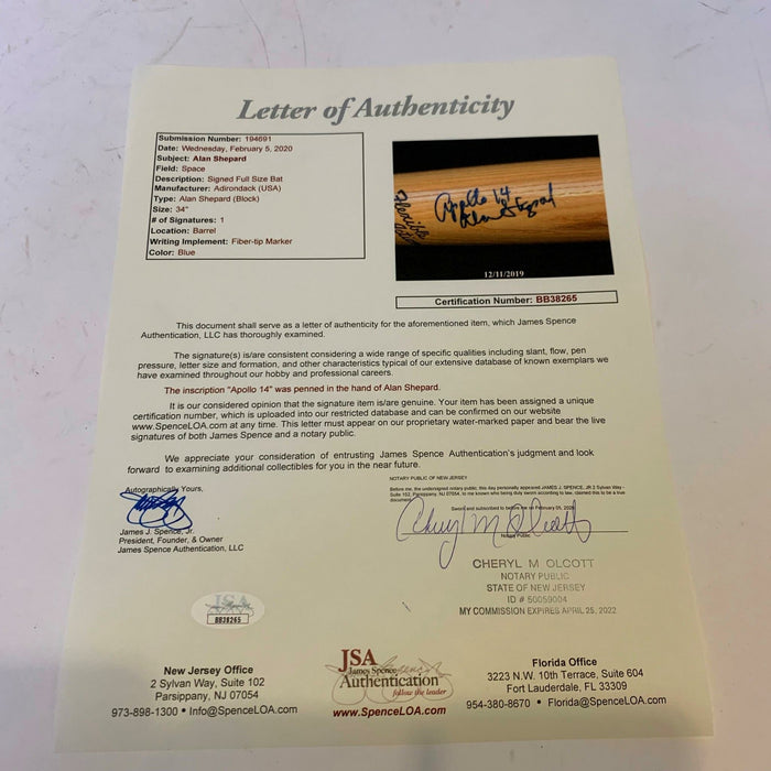 Alan Shepard "Apollo 14" Signed Inscribed Game Model Baseball Bat With JSA COA