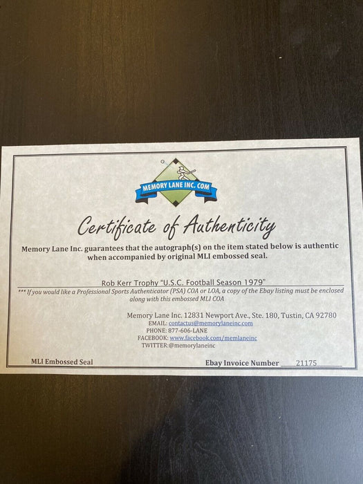 1979 USC Trojans Original Trophy Presented To Football Player Rob Kerr