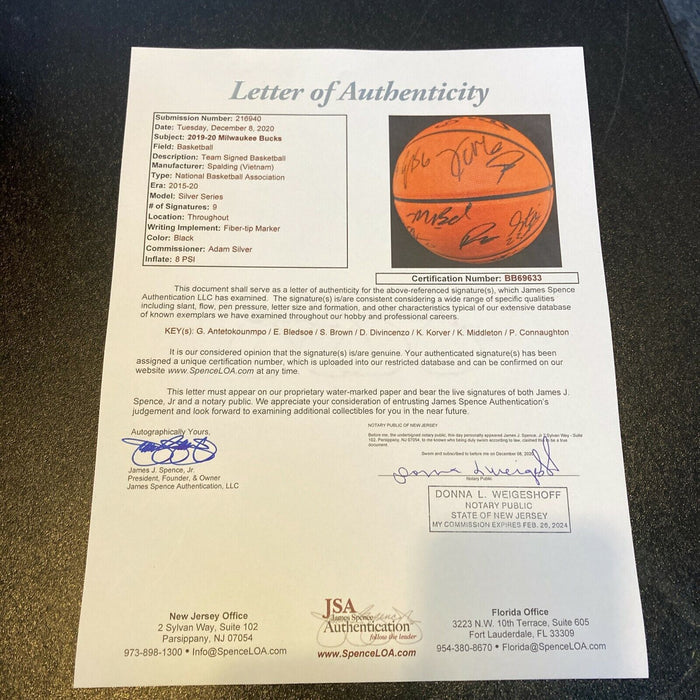 2019-20 Milwaukee Bucks Team Signed Basketball Giannis Antetokounmpo JSA COA