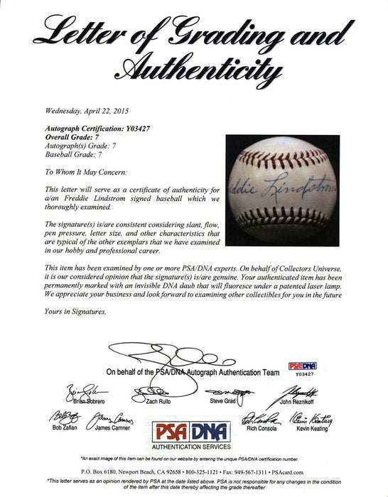 The Finest Freddie Lindstrom Single Signed National League Baseball PSA DNA COA