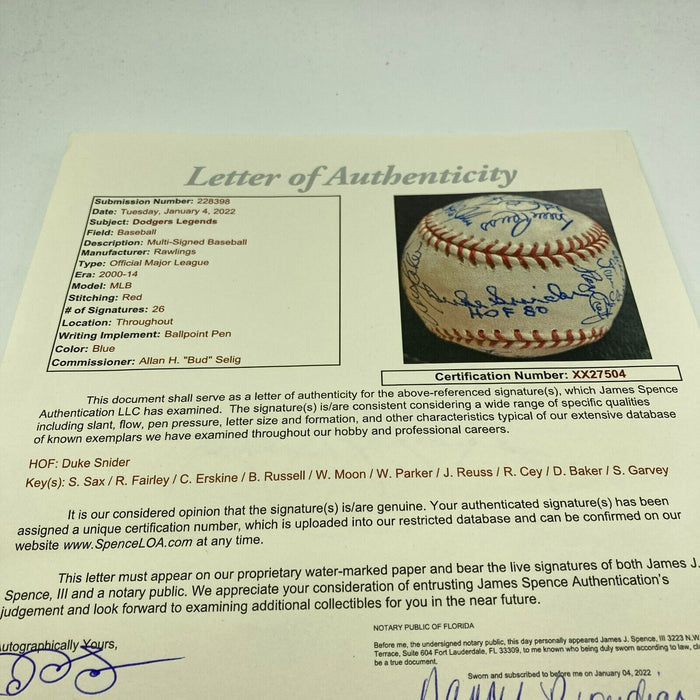 Duke Snider Los Angeles Dodgers Legends Signed Baseball 26 Signatures JSA COA