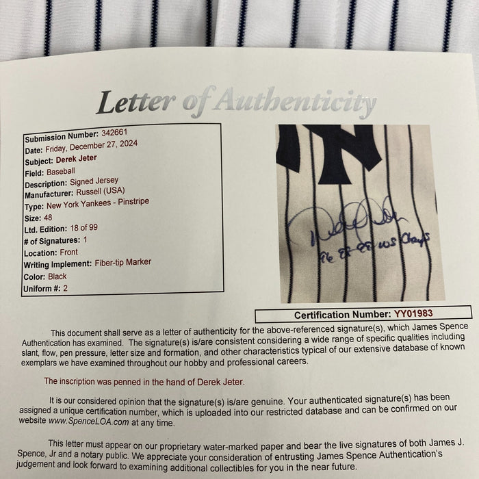 Derek Jeter 1996, 1998, 1999 World Series Champs Signed Yankees Jersey JSA COA