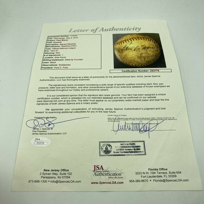 Paul Waner Single Signed 1940's National League Frick Baseball With JSA COA RARE