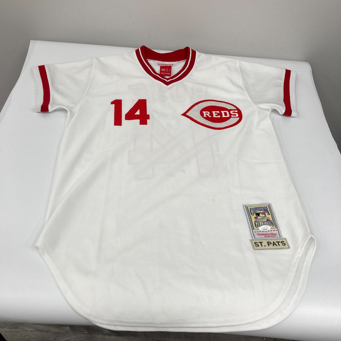 Pete Rose Signed Inscribed Cincinnati Reds STAT Mitchell & Ness Jersey JSA COA