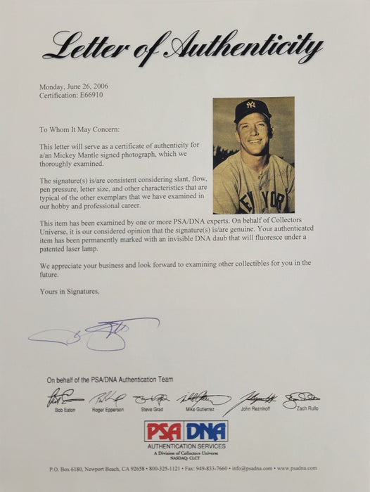 Incredible Mickey Mantle Rookie Era Signed 8x10 Photo From 1954 Bowman Card PSA