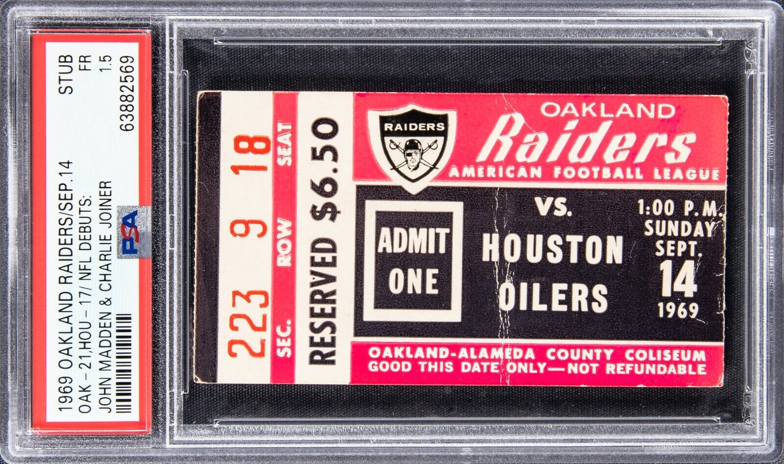 John Madden NFL Debut First Game 9-14-1969 Oakland Raiders Ticket PSA POP 5