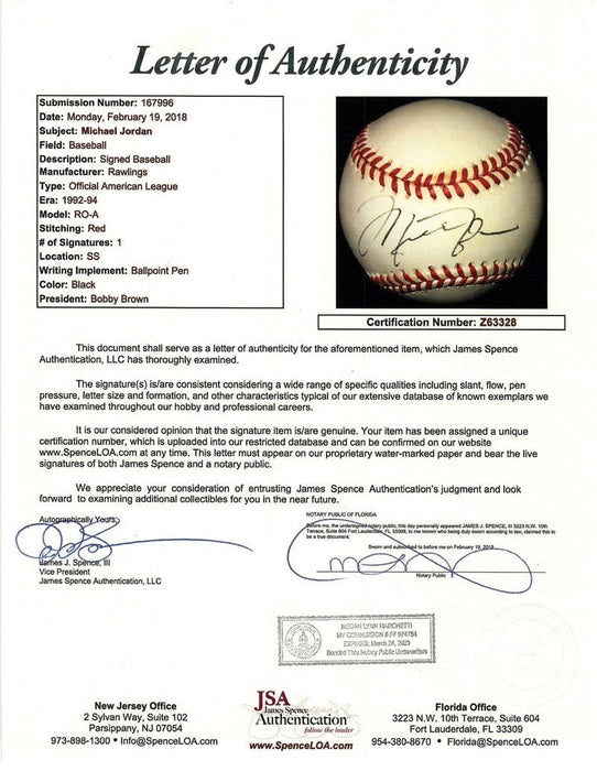 Michael Jordan Single Signed American League Baseball JSA COA