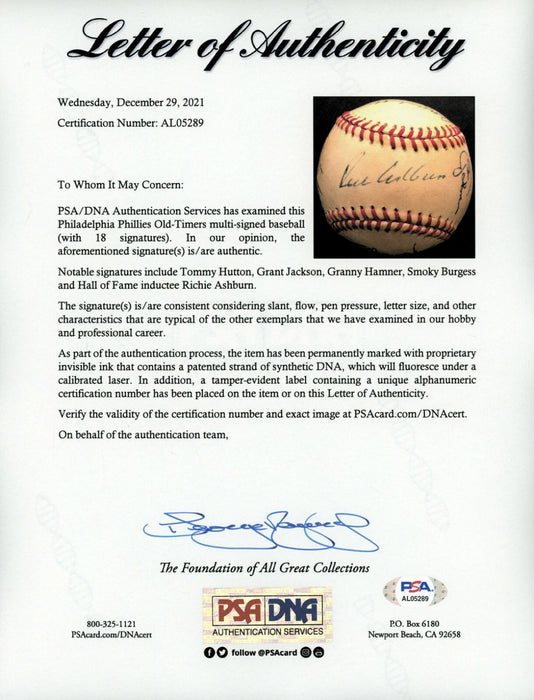Philadelphia Phillies Legends Multi Signed Baseball Richie Ashburn PSA DNA COA